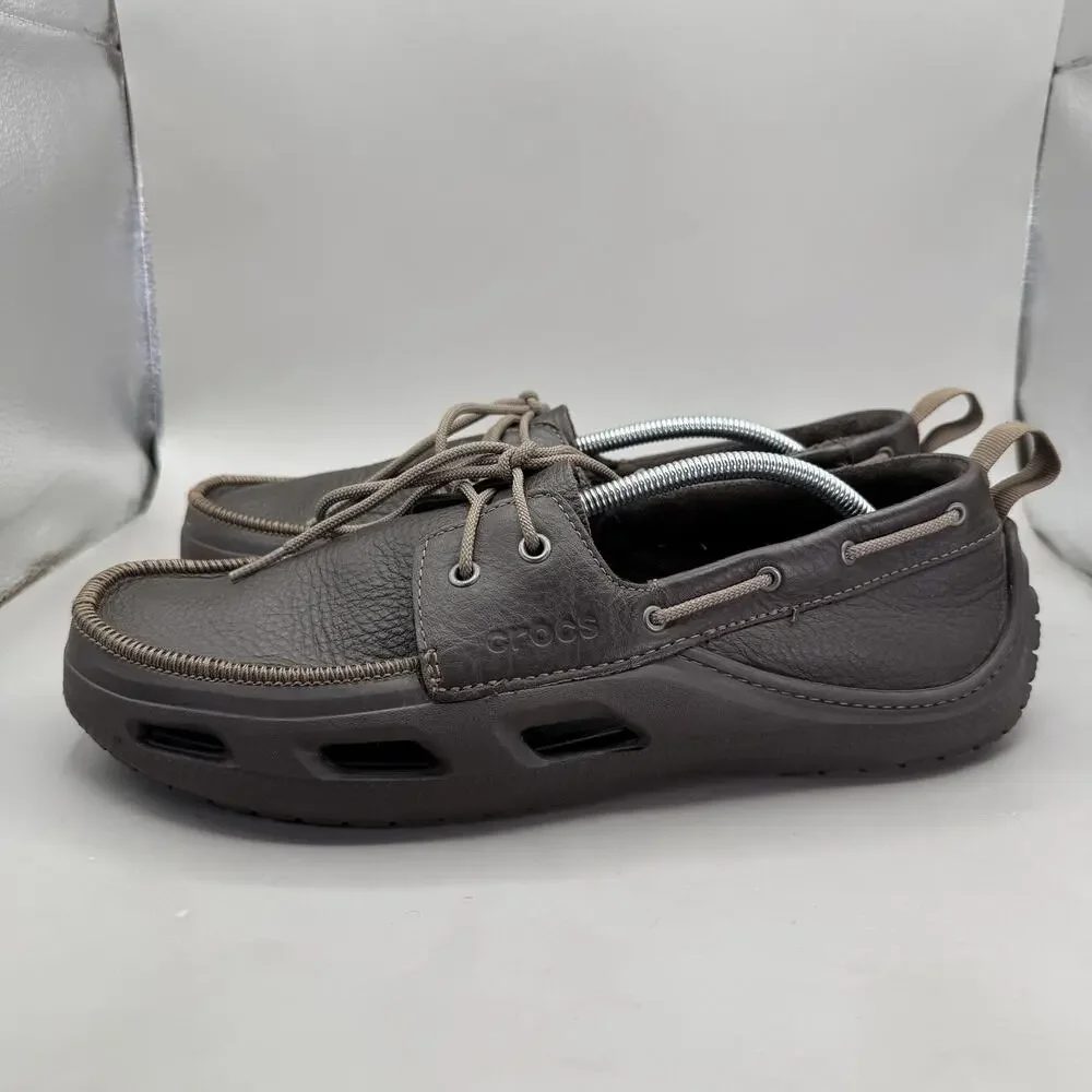 Crocs Cove Sport Boat Shoes Mens Size 12 Brown Leather Lace Up 12027 Casual